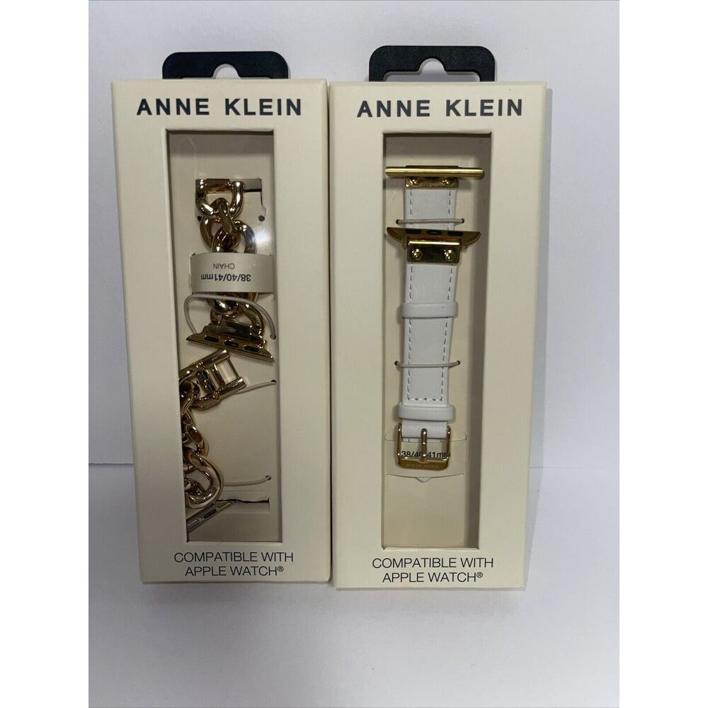 2 Pcs Anne Klein Gold Steel Chain, White Leather Band Compatible w/ Apple Watch